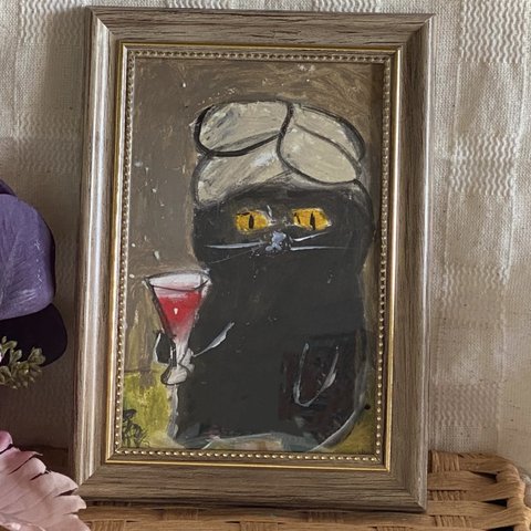 絵画。原画手描き【バスキャップをかぶってワインを飲むかわいい黒猫】