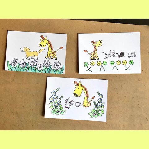 ちびきりんの絵葉書　3月3枚セット　ハナニラ、カタバミ、キュウリグサ