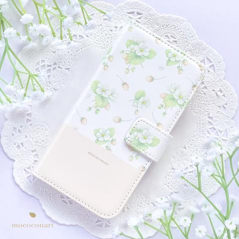 白いちご柄ミルキーピンク 手帳型スマホケース iPhone Android アンドロイド 全機種対応 花柄 バイカラー