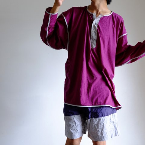 ビックヘンリーネック カットソー / パイピング /ハイゲージ コットンニット【 パープルピンクにグレーパイピング 】 big Henley neckline shirt