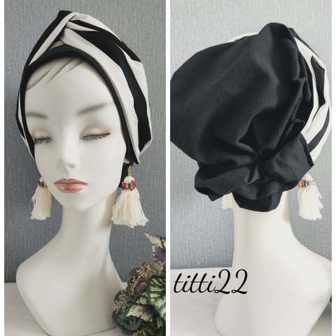 new【ストライプ　ブラック】帽子にもなるヘアターバン