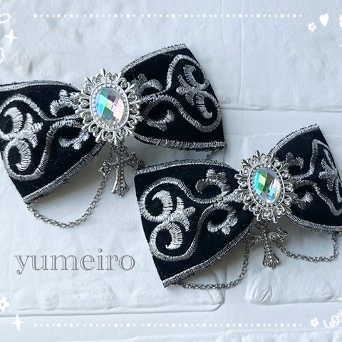 再販!!ベルベット刺繍リボン♡リボンヘアクリップ クロスチャーム