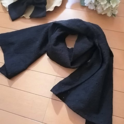 コットンダブルガーゼ　レース刺繍のストール　ブラック　日よけ対策　日焼け対策　UV対策　冷房対策