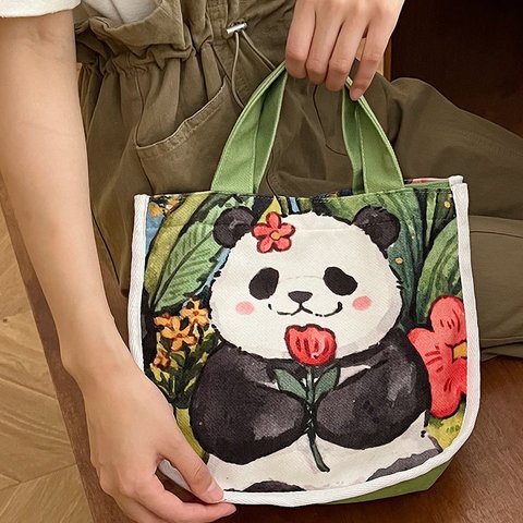 Panda パンダ ハンドバッグ 花花 和花 パンダ柄 エコバッグ お弁当袋肩掛けバッグ 学生手袋 かわいい 中国のパンダ