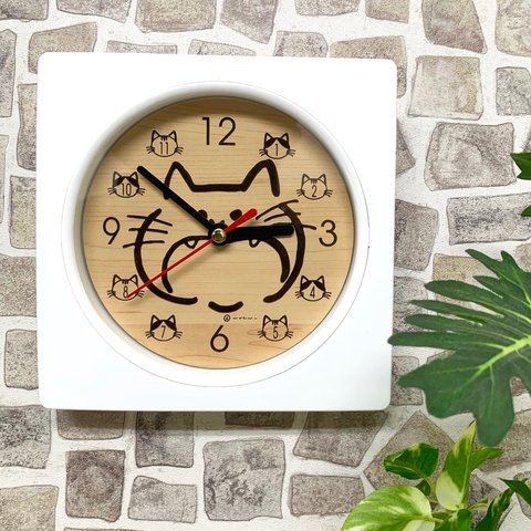 【名入れ無料】木目調 Wall clock (猫) 時計 壁掛け時計