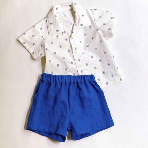 [SIZE90]青い花柄オープンカラーシャツとリネンショートパンツ -Blue flowers open collar shirt & Linen short pants-