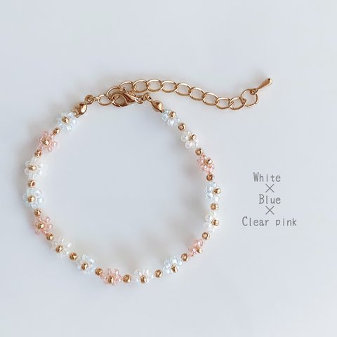 韓国ビーズ♡フラワーブレスレット ＼White×Blue×Clear pink／