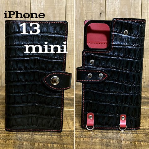 手帳型 スマホケース iPhone 13 mini 用 革 スマホショルダー ハードカバー クロコ型押し ブラック レッド 赤糸
