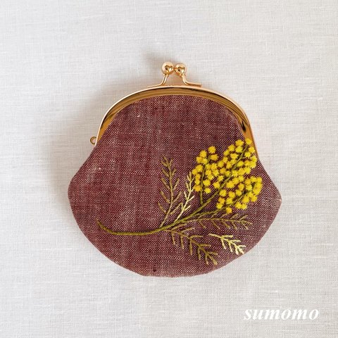 ミモザ刺繍　がま口　ブラウン