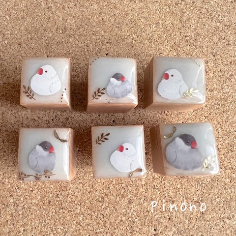 文鳥さんのwoodプッシュピン（空色）☆カードホルダー付（6コ入り）