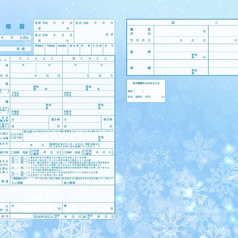 雪の結晶　冬の婚姻届♥︎クリスマス　綺麗なスノウ　水色　アイスブルー　名入れなし