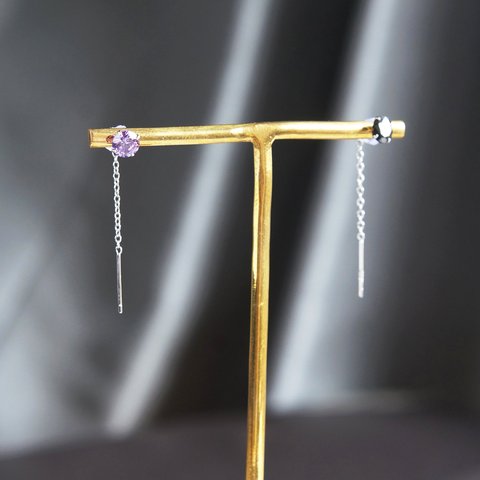 【Sterling silver 925】 Dangling CZ, Short Bar Ear Thread Earrings