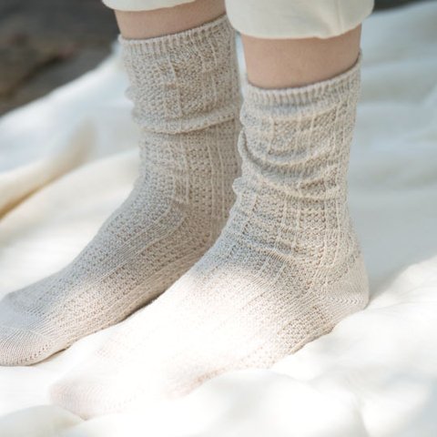 Organic Cotton＆Linen レース編みソックス【グレーベージュ】