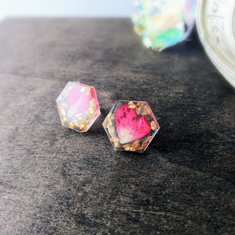 薔薇の六角ピアス / イヤリング / レジン / ローズ