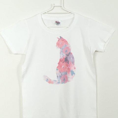 猫と綺麗なお花Ｔシャツ　迷彩柄風 　受注制作