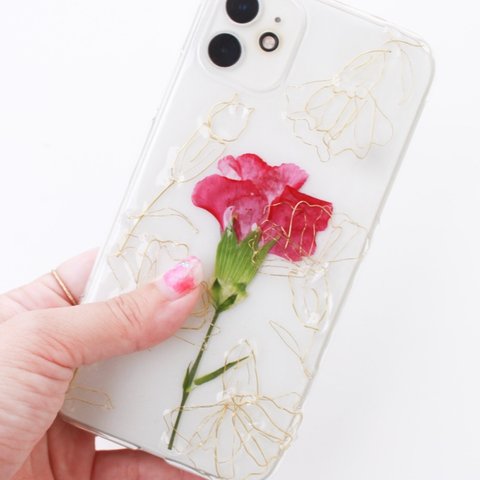 母の日【carnation】iPhoneケース 全機種対応　iPhone アンドロイド　スマホケース　本物のカーネーション 名入れ イニシャル 可