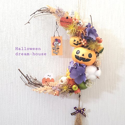 送料無料🌜️三日月🎃Halloweenレトロ看板リース　玄関リース