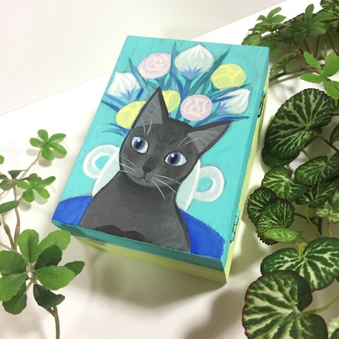 手描き 花瓶と猫の木箱 小物入れ 原画 手書き 猫  絵 絵画 イラスト アート 黒猫