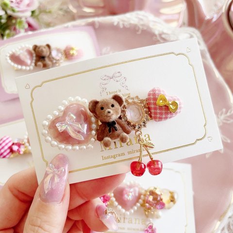 Teddy bear heart cherry hair clip