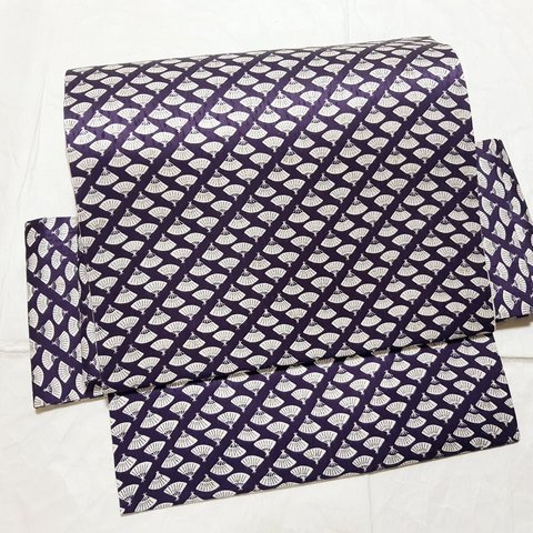 ワンタッチ帯　くらわん帯　正絹名古屋帯リメイク　濃い紫扇子文様　作り帯　