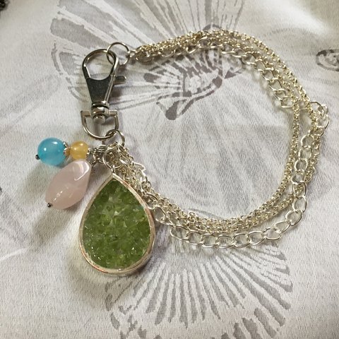 ［Powerstone］Peridot, rose quarz, seablue chalcedony & orange calcite  Bag Charm