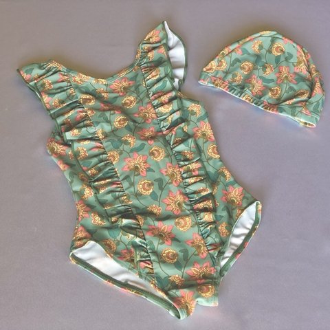 【SALE】Vintage floral swimwer  花柄　フリル　ビンテージ風　フローラル　ベビー水着　ベビースイムウェア　ベビー服　ベビー　子供服　海外水着　水遊び　プール　ベビープール