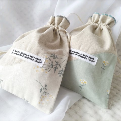 綿麻キャンバスの花巾着 / ベージュ・グレイッシュグリーン