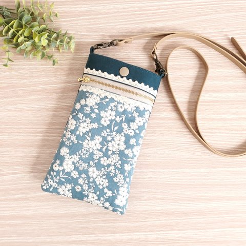 【最終SALE】お花のスマホポシェット✻グリーン