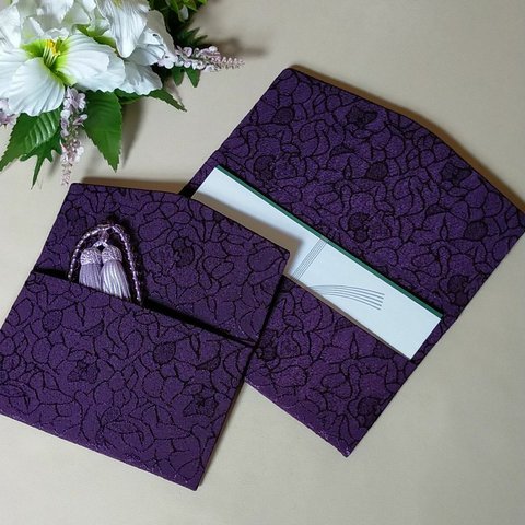 袱紗と念珠入れセット  紫  花柄  縮緬  冠婚葬祭  