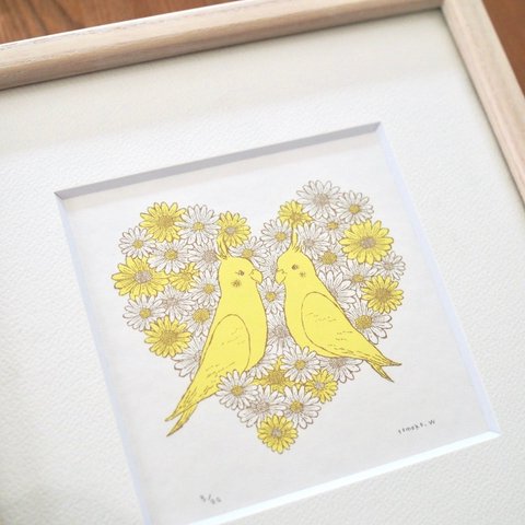 版画　Cockatiel & marguerite（シルクスクリーンプリント）