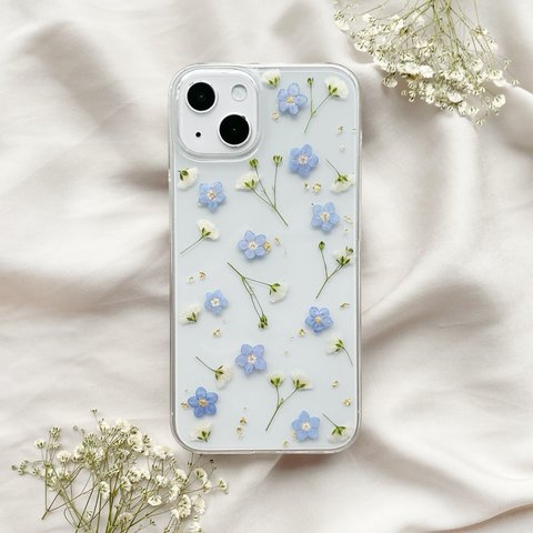 カスミソウと忘れな草 押し花スマホケース 全機種対応