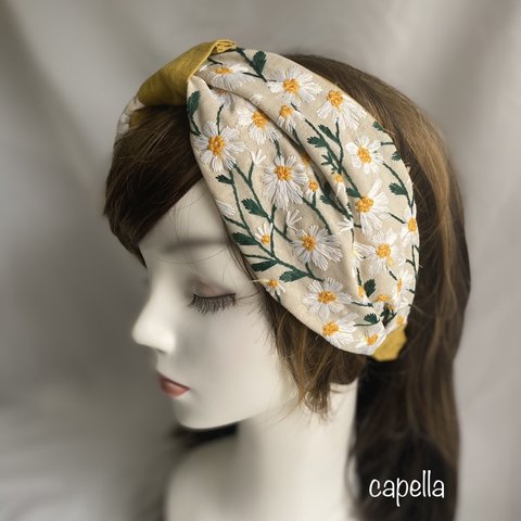 ⭐️capella⭐️《再販》カモミール〜刺繍が美しいリボン風ターバン　リバーシブル