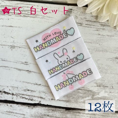 【TS-パステル白セット　ハンドメイド】刺繍タグ　ピスネーム　12枚