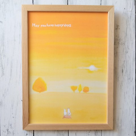 風景画 A4 ポスター『あなたに良いことが訪れますように』 アートポスター 夕陽 猫 絵 絵画 名言 イラスト アクリル画 インテリア かわいい おしゃれ                       