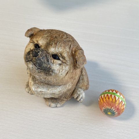 【sold out】　　　　　柴犬の木彫り　『柴と鞠』　　　　　　　　　　　　　　　　　　『Shibainu puppy』【彫刻】【幼犬】【手鞠】