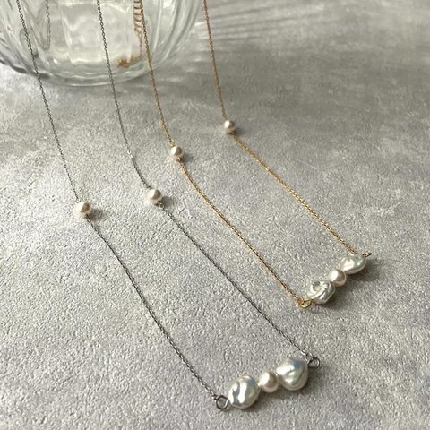 【all サージカルステンレス】F23101〈gold／silver〉 ribbon pearl necklace