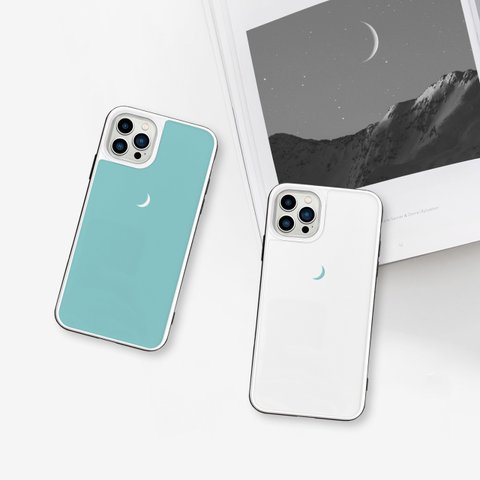 三日月 moon ティファニーブルー風　iPhoneケース　強化ガラスケース　iPhone15シリーズ対応