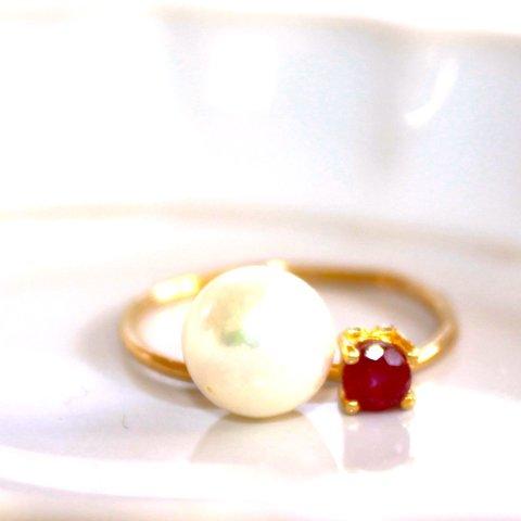 - shinju - k18gp Akoya Pearl & Ruby Ring