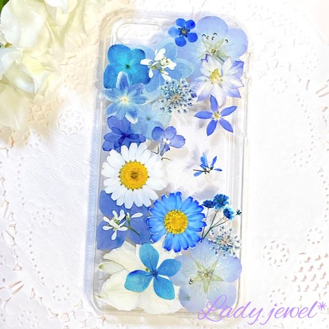 押し花ケース ＊Blue&White＊スマホケース   名入れ可能  ラメ・ホロ・スワロフスキー無料 [受注製作]