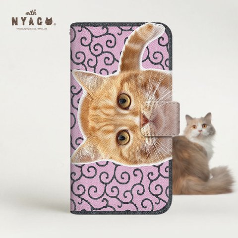  猫のスマホケース NYAGO 手帳型ケース 全機種対応［ 小粒ちゃん ごはんはまだかにゃ？ 唐草模様ピンク 和柄 ］  No.2S2760