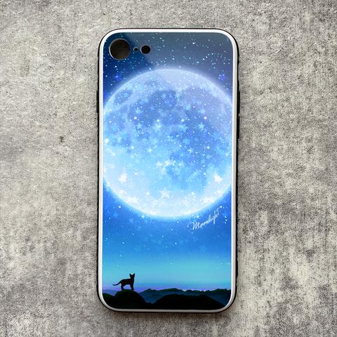 満月とねこのスマホケース（ブルー） 強化ガラス 猫 黒猫  iphone12  iphone15 iphone13 宇宙 スマホケース SE3 iphone14
