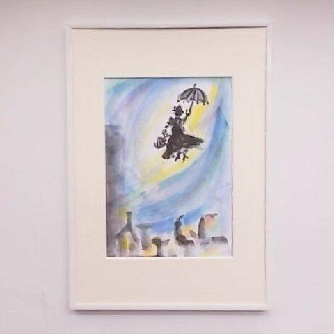 絵画  墨と水彩のコラボ画 インテリア 額絵 メリーポピンズへのオマージュ４