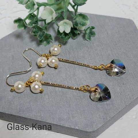 50％　OFF　Spring　Sale🌸黒百合＊パールとハートのピアス/イヤリング＊＊スイング＊ロング＊Ⓟ46