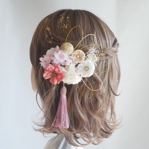 T2  桜　ピンク　つまみ細工　髪飾り　卒業式　袴　結婚式　水引　かすみ草　和玉　成人式