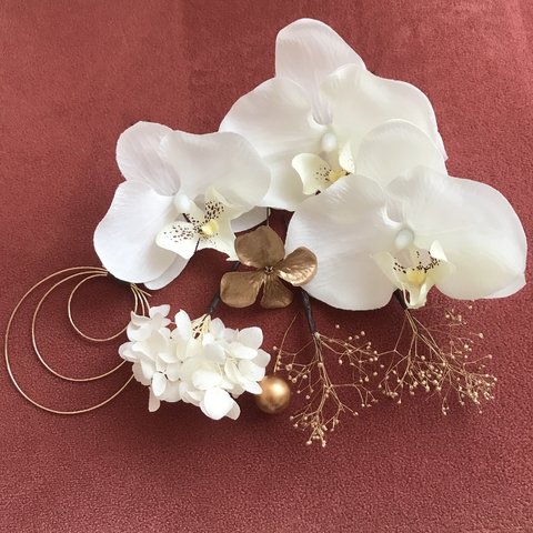 胡蝶蘭 と ゴールドパーツ　結婚式　成人式　卒業式　振袖　白無垢　色打掛　袴　和装　花嫁　水引