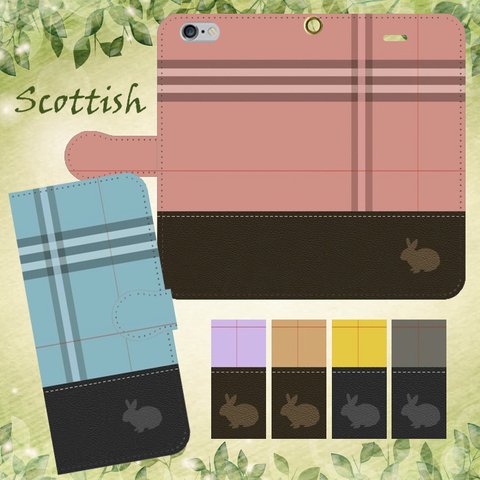 iPhone/Android レザー風×タータン Scottish うさぎシルエット 手帳型 スマホケース