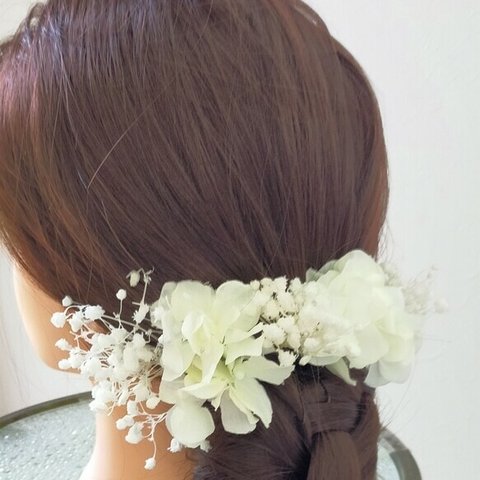 かすみ草と白紫陽花の髪飾り