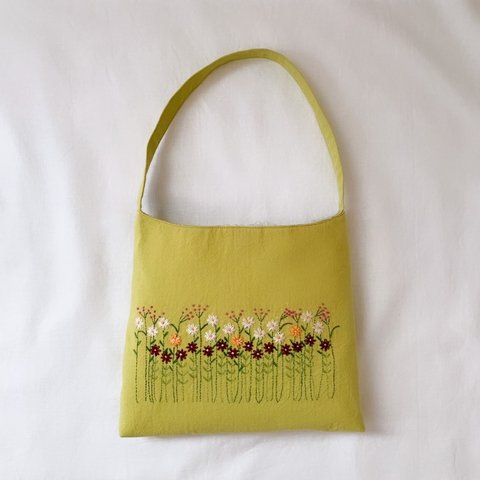 【ハンドバッグ】草花手刺繍･綿麻ハンドバッグ･イエロー色【くが屋】