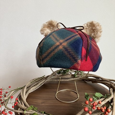 クリスマスカラー　タータンチェックのテディベアベレー帽（くま耳帽子　赤チェック）