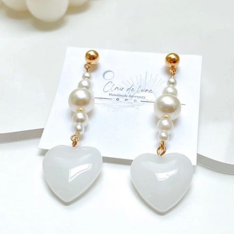 No.2 White heart stone&pearl earrings パールピアス　ハート　イヤリング　ホワイトストーン　韓国　ゴールドピアス　シンプル　可愛い